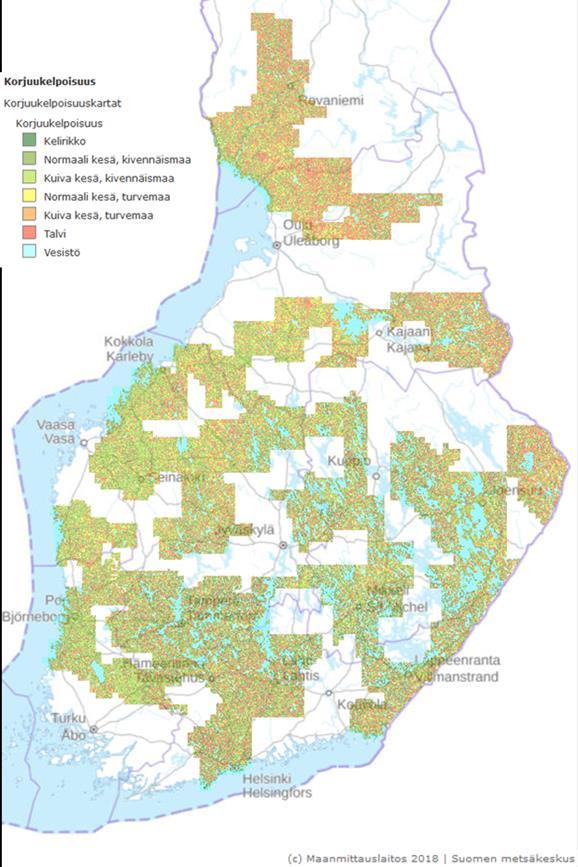 Maaston korjuukelpoisuusluokitus Lähde: Arbonaut Oy & Suomen