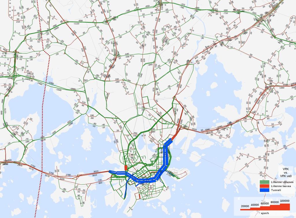 Vuorokausiliikennemäärien ero 2040 ve P-ve 0 (Kehä I -taso) Liikenne vähenee monilla poikittaisyhteyksillä,