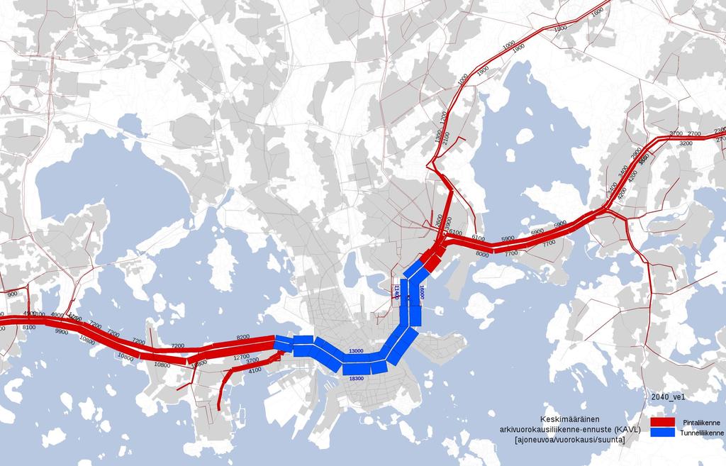 Maanalaisen kokoojakadun läpikulkuliikenne (Ruoholahti-Kruununhaka) arkivuokaudessa 2040 ve P Maanalaisen kokoojakadun vuorokausiliikenteestä noin puolet on