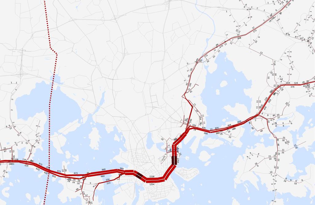 Maanalaisen kokoojakadun läpikulkuliikenne (Ruoholahti-Kruununhaka) iltapäiväliikenteessä