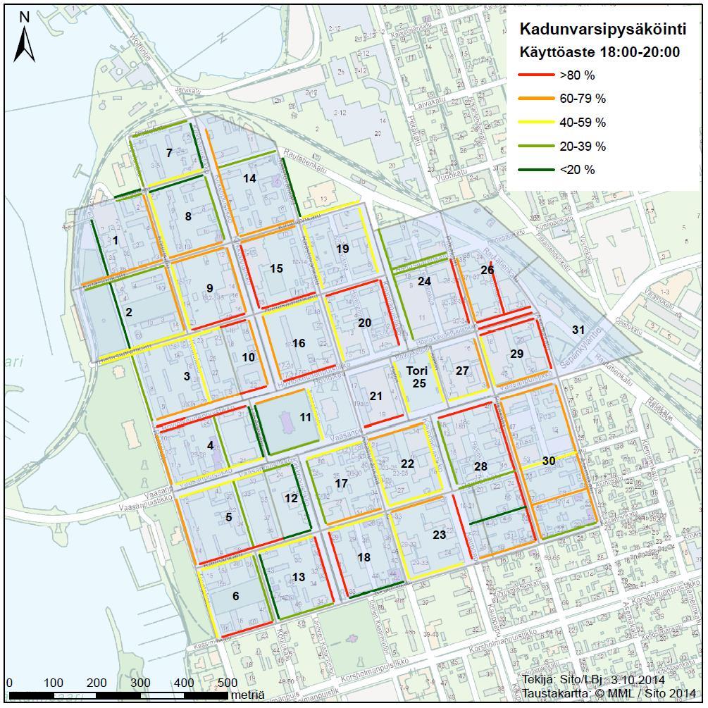 4.8.2015 16 (60) Kuva 11 Pysäköintipaikkojen käyttöaste päivällä klo 10.