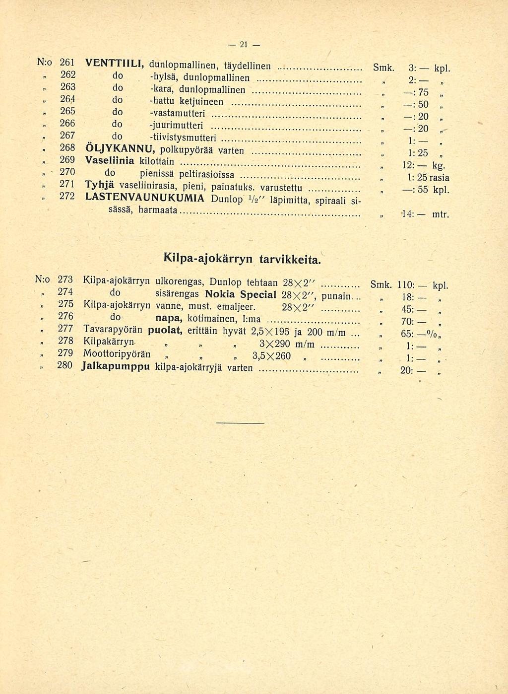 266 267. 268 : N:o 261 VENTTIILI, dunlopmallinen, täydellinen Smk. 3: kpl. 262 do -hylsä, dunlopmallinen 2: do -kara, dunlopmallinen n 75 264 do -hattu ketjuineen n.