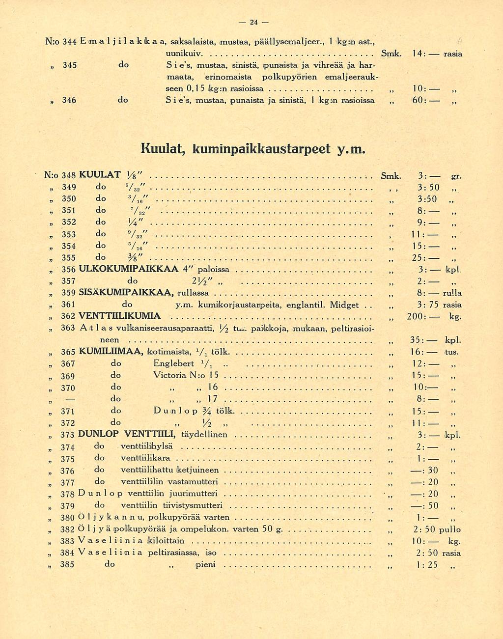16 y 60: 15; 3: 2: 2:50 24 346 N:o 344 E m a 1 j i 1 akik a a, saksalaista, mustaa, päällysemaljeer, 1 kg:n ast, uunikuiv Smk 14: rasia 345 do S i e s, mustaa, sinistä, punaista ja vihreää ja