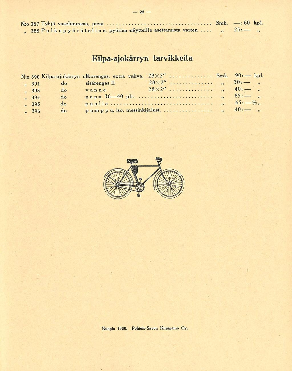 30: 65: 40: 25 N;o 387 Tyhjä vaseliinirasia, pieni Smk ; 60 kpl 388 Polkupyöräteline, pyörien näytteille asettamista varten 25: Kilpa-ajokärryn tarvikkeita N:o 390 Kilpa-ajokärryn ullkorengas, extra