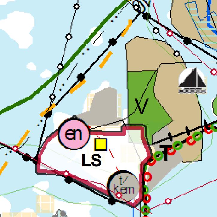 kohdemerkintä t/kem, jolla osoitetaan Seveso II-direktiivin laitokset sekä teollisuus- ja satama-alueet, joissa käytetään tai varastoidaan vaarallisia aineita.