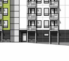Ulkoseinät ovat pääosin maalattuja tai valkobetonisia betonielementtejä.