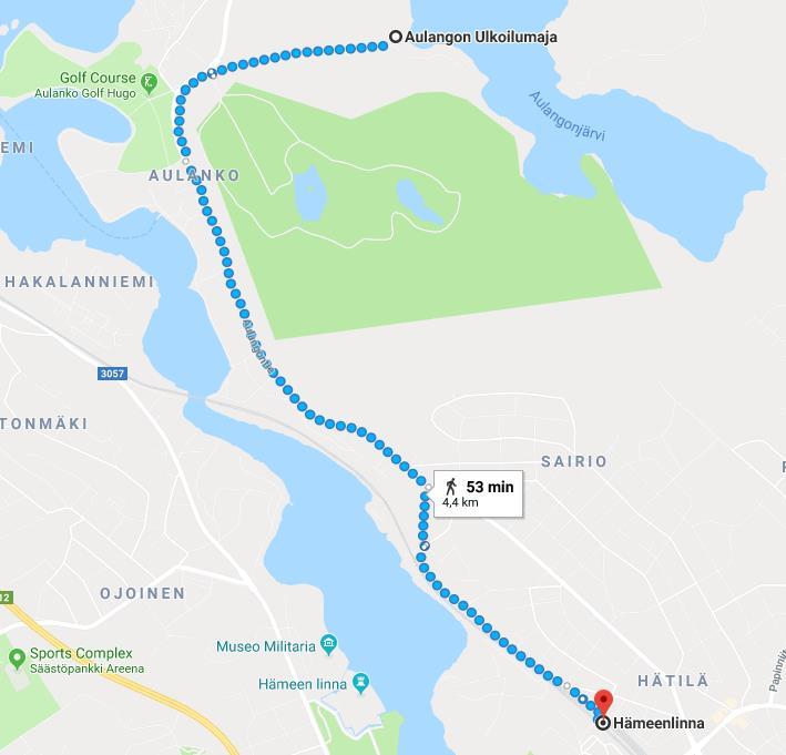 Kävellen Aulankoon Parhain kävely- ja pyöräilyreitti asemalta ulkoilumajalla kartassa sinisellä.