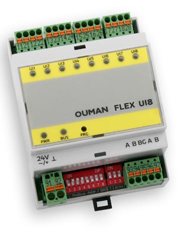 Laajennusyksiköt FLEX UI8 FLEX UI8 on DIN-kiskokiinnitteinen RS-485 väylään liitettävä Modbus RTU input-moduuli, jossa on 8 universaalituloa.