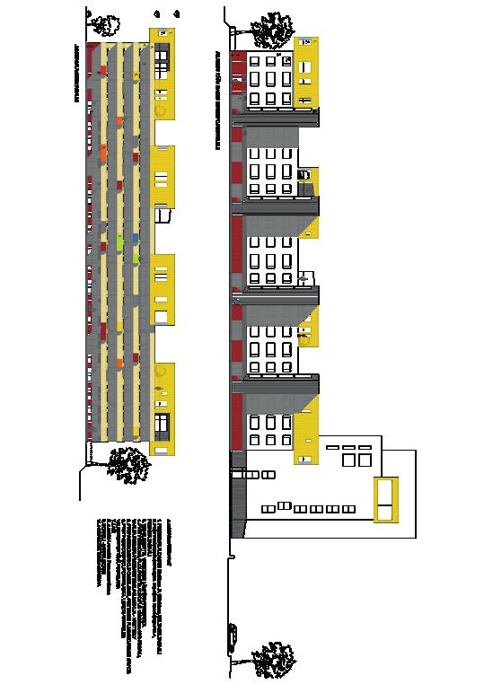 The original plan for facades. In the design the old prefab concrete balconies are replaced with a new wooden balcony belt the width of the entire facade.