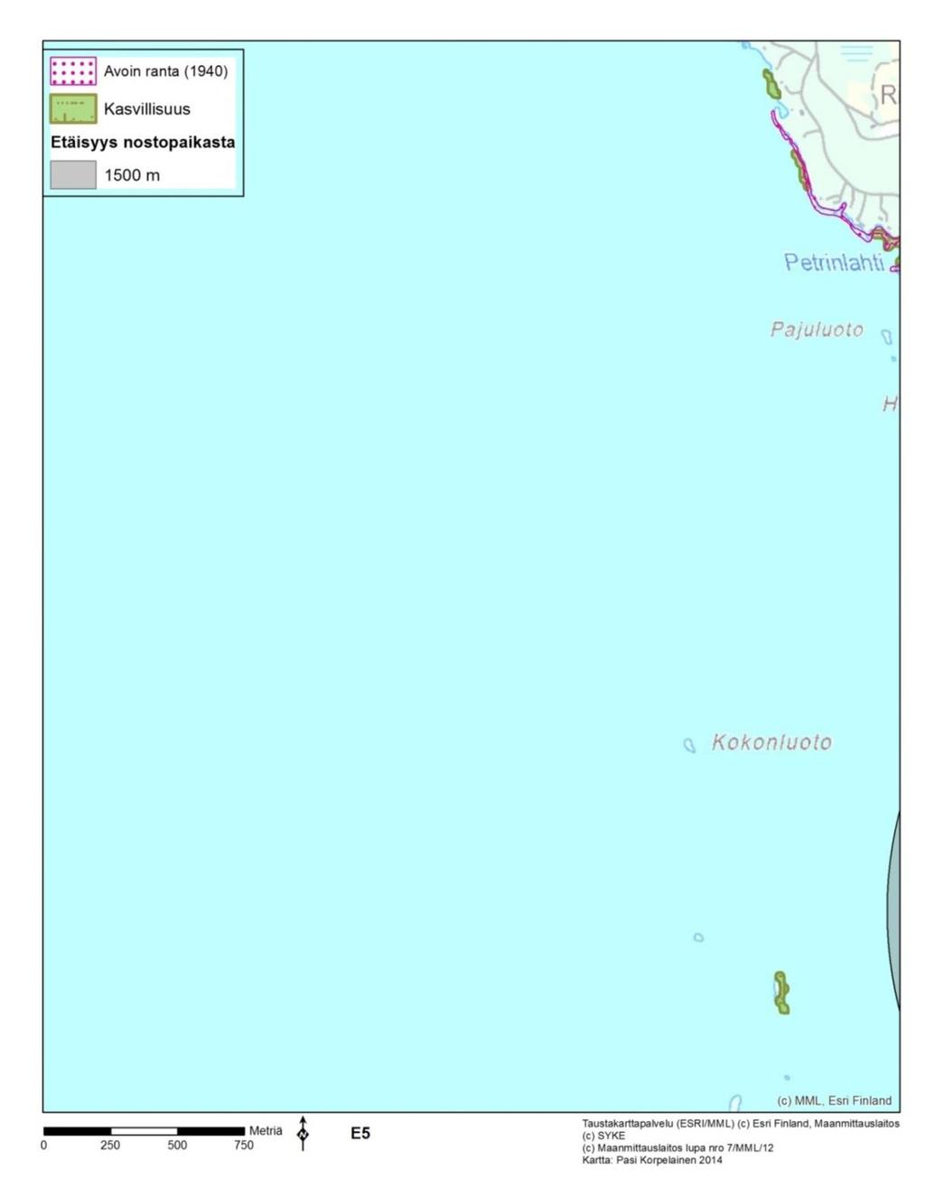 7.5.5 Petrinlahti-Kokonluoto (karttalehti E5) Karttalehti E5 on Oriveden-Pyhäselän saaristot FI0700018 (SCI)-suojelualueen ulkopuolista Pyhäselkää (kuva 84).