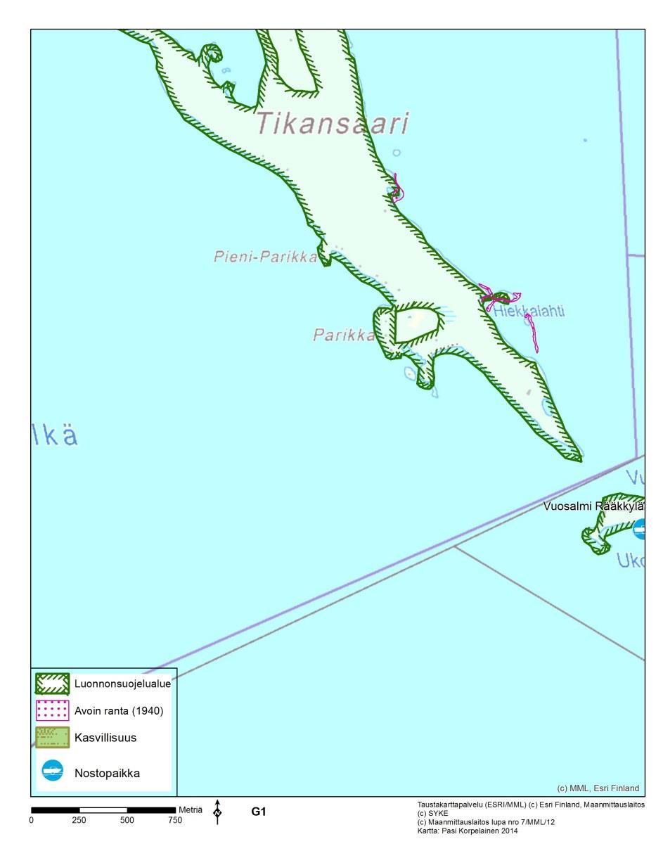 Kuva 113. Tikansaari-Vuosalmi (karttalehti G1) 7.7.2 Vuosalmi-Heltimönlahti (Karttalehti G2) Vuosalmen ja Vuoniemen välinen Vuoharju on osa Oriveden-Pyhäselän saaristot FI0700018 (SCI)- suojelualuetta.