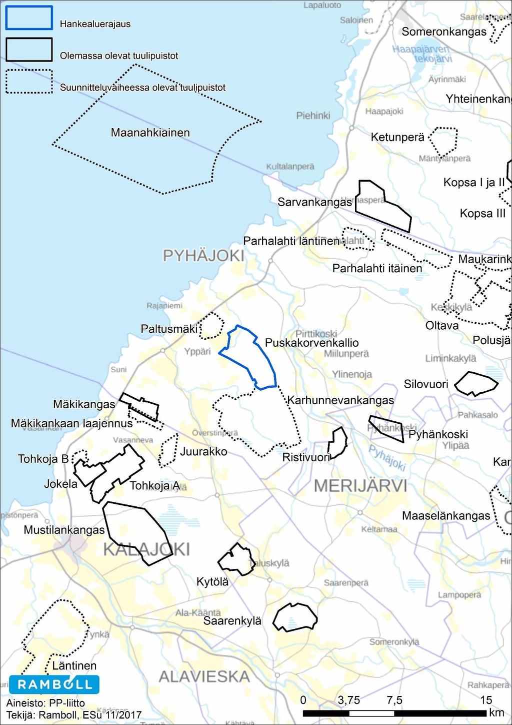 17 Kopsan tuulipuiston laajennus (Kopsa III), Raahe. Puhuri Oy suunnittelee alueelle 6 voimalaa, joiden yksikköteho on 3-5 MW.