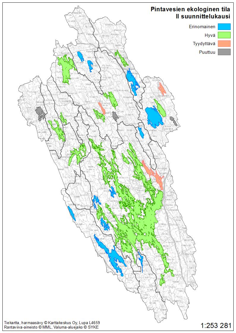 PINTAVESIEN TILA EKOLOGINEN LUOKITTELU Muutokset biologisten laatutekijöiden osalta sekä havaitut levähaitat viittaavat osin hitaaseen rehevöitymiskehitykseen Kyyveden alueella.