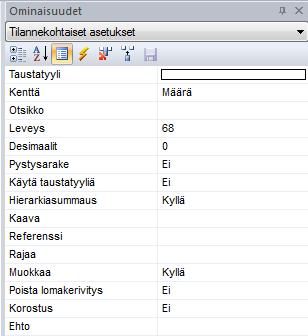 Kuva. Sarakkeen asetukset Sarakkeen asetuksista säädettävät asiat - Taustatyyli = sarakkeen taustatyyli - Kenttä = sarakkeen kentän nimi - Otsikko = sarakkeen otsikko (mikäli sarakkeen otsikoksi on