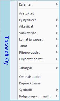 Kuva. Kaavioalueelta aukeava valikko Valikon kohdasta "Asetukset" aukeaa dialogi, jossa saa säädettyä mm. yksittäisiä lomia ja pystyalueita näkyviin ja pois näkyvistä.