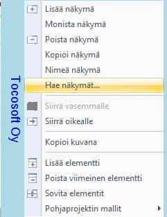 Näkymän elementissä voi pitää näkyvissä Taulukon ja aika-alueen tai vaan jommankumman niistä. Valinta löytyy Näkymä-välilehdeltä Elementtiosiosta. Kuva.