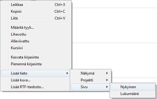 Kuva. Esimerkissä on yläotsikoiksi määritelty teksteinä: yrityksen nimi, projektin nimi ja aikataulutyyppi. Alaotsikkoon on laitettu muuttujina sivunumero ja kokonaissivumäärä.