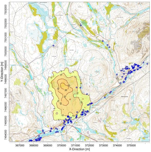 Kuva 13: Hannukaisen kaivosalueen rakentamisen aiheuttamat ilmanlaadun raja-arvoon verrattavat,