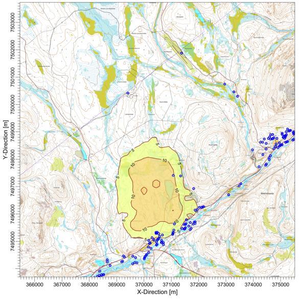 5.2 Kaivoksen toiminta-ajan ilmanlaatuvaikutukset Tuotantotilanteeseen mallinnetut vuorokausi- ja vuosipitoisuudet (µg/m 3 ) on esitetty kuvien 16-21 karttapohjilla.