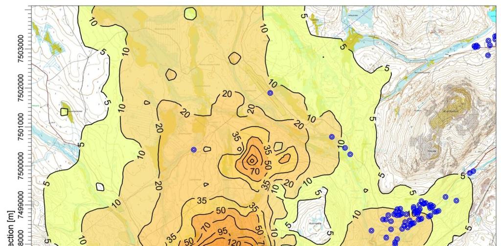 Kuva 21: Hannukaisen alueen tuotantovaiheen (tuotanto ollut käynnissä 10-15 vuotta) aiheuttamat vuoden korkeimmat PM10-vuorokausipitoisuudet (mg/m 3 ).