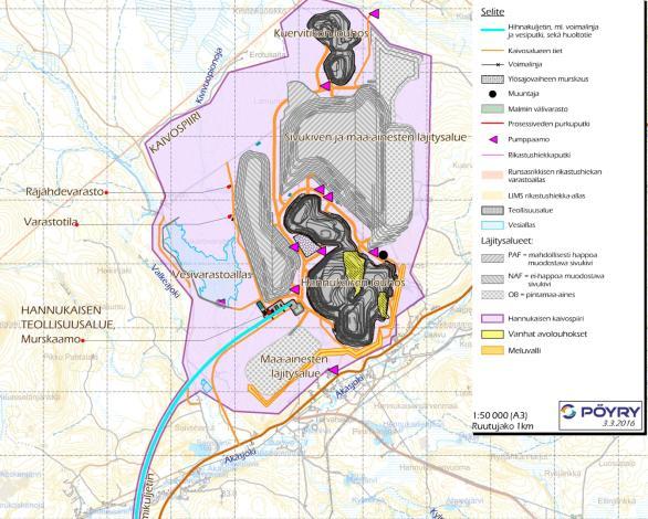 Kuva 1. Hannukaisen ja Kuervitikon avolouhokset on merkitty karttapohjalle tumman harmaalla. Lähimmät pölylle alttiit kiinteistöt sijaitsevat Hannukaisen avolouhosalueen eteläpuolella. 3.