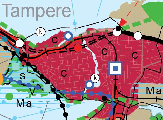 Vasemmalla ote keskustan strategisen osayleiskaavan maankäyttökartasta ja oikealla ote liikennekartasta. Suunnittelualueen likimääräinen sijainti on merkitty punaisella ympyrällä.