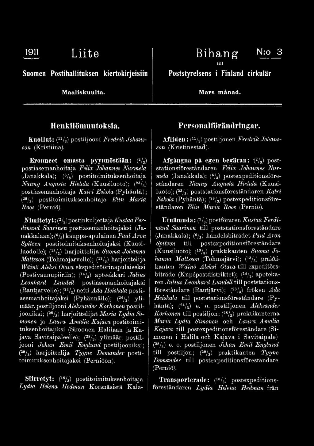 Kimitetyt: (2/3) postinkulj ettaj a Kustaa Ferdinand Saarinen postiasemanhoitajaksi (Janakkalaan); (6/3) kauppa-apulainen Paul Aron Spitzen postitoimituksenlioitajaksi (Kuusiluodolle); (13/3)