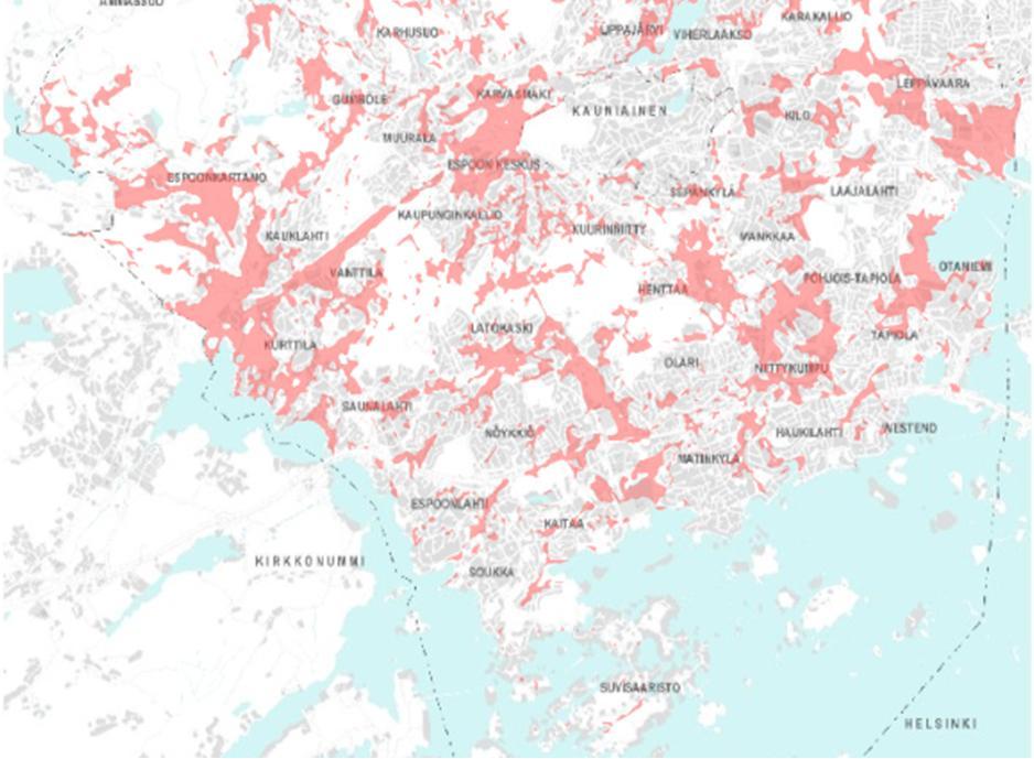 kuvassa on esitetty kartalla punaiseksi väritetyillä alueilla Espoon kaupungin ympäristökeskuksen tulkinnan mukaiset Litorinamerivaiheen savikkoalueet.