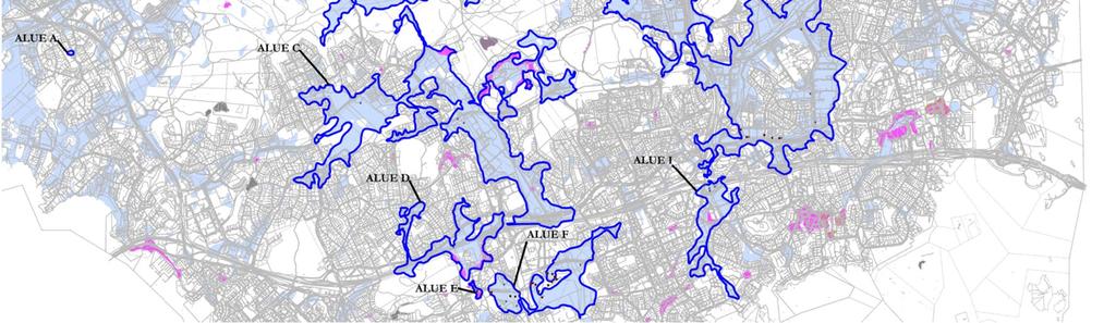 Sulfidi- ja/tai korroosiotutkimusten tutkimuspisteiden sijoittuminen Espoon kaupungin maaperäkartan savialueille ja muodostetuille tutkimusrajauksille Yllä olevassa kuvassa on esitetty myös