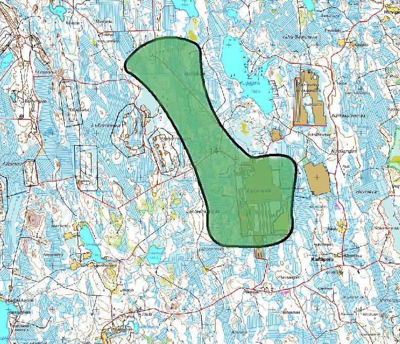 Parkano Nro 14 Alueella ei ole kartan perusteella erityisen suotuisia lepakkojen esiintymisalueita.