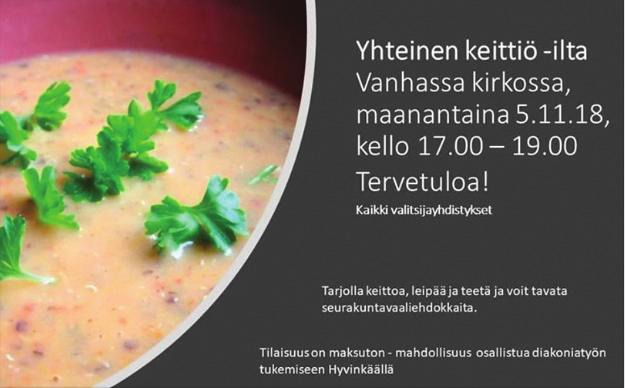 Vaalikahvit ja muu ohjelma, ks. kansi. 17.00 Kynttilöiden sytytys itsemurhan tehneiden muistolle Hyvinkään kirkon portailla. 18.00 Iltamessu Vanhassa kirkossa. Saija Lottonen ja Anna-Maija Virtanen.