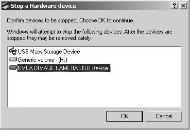 Windows Me, 2000 Professional ja XP Kameran irrottaminen: näpäytä vasemmalla hiiren painikkeella kuvaketta unplug-oreject-hardware -tehtäväpalkista.