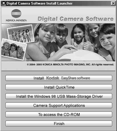 Kun kamera on liitetty oikein Windows XP tai Mac OS X koneeseen, kuvien latausikkuna voi avautua; noudta esille tulevia ohjeita.