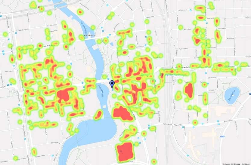 Voimakartta ja keskipiste: Tampereen keskusta 2018/H2 Voimakartta