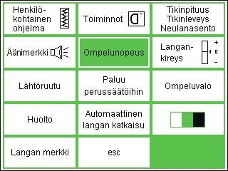 Setup-toiminto 65 Äänimerkit äänimerkkejä voidaan käyttää seuraavissa tilanteissa: ompeleet toiminnot syöttäjän nostaminen/laskeminen (kirjonnassa) ylälangan tarkistus alalangan tarkistus paininjalan