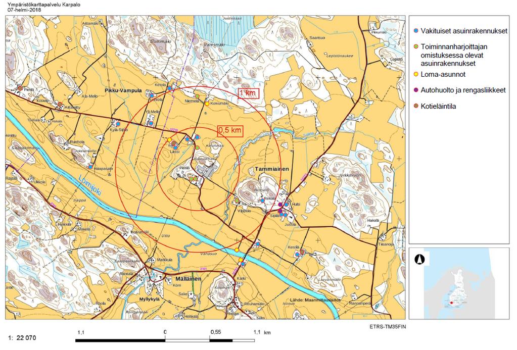 3/17 Kuva 1. Hankkeen sijoittuminen ja lähiympäristö (lähde: Simo Pietilän Tila Oy:n kanalan laajennushanke Loimaan Tammiaisissa; arviointiohjelma, Watrec Oy 2018). Mittakaava muutettu.