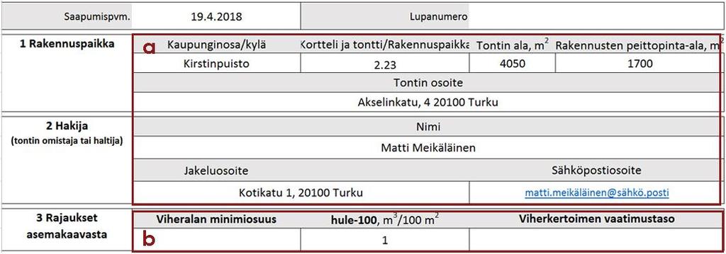 Tontin tiedot -välilehden taulukon alaosaan (osa b) täytettävät tiedot saadaan asemakaavan määräyksistä: 1.