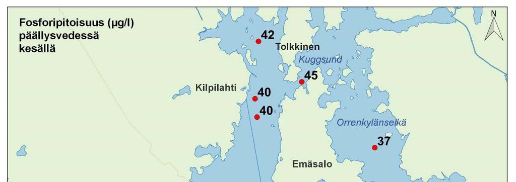 Kuva 13. Alusveden keskimääräinen fosforitaso (µg/l) Porvoon edustan merialueella kesällä (kesäsyyskuu) 2017. Päällysveden keskimääräinen typpipitoisuus oli varsin tasainen koko alueella (Kuva 14).