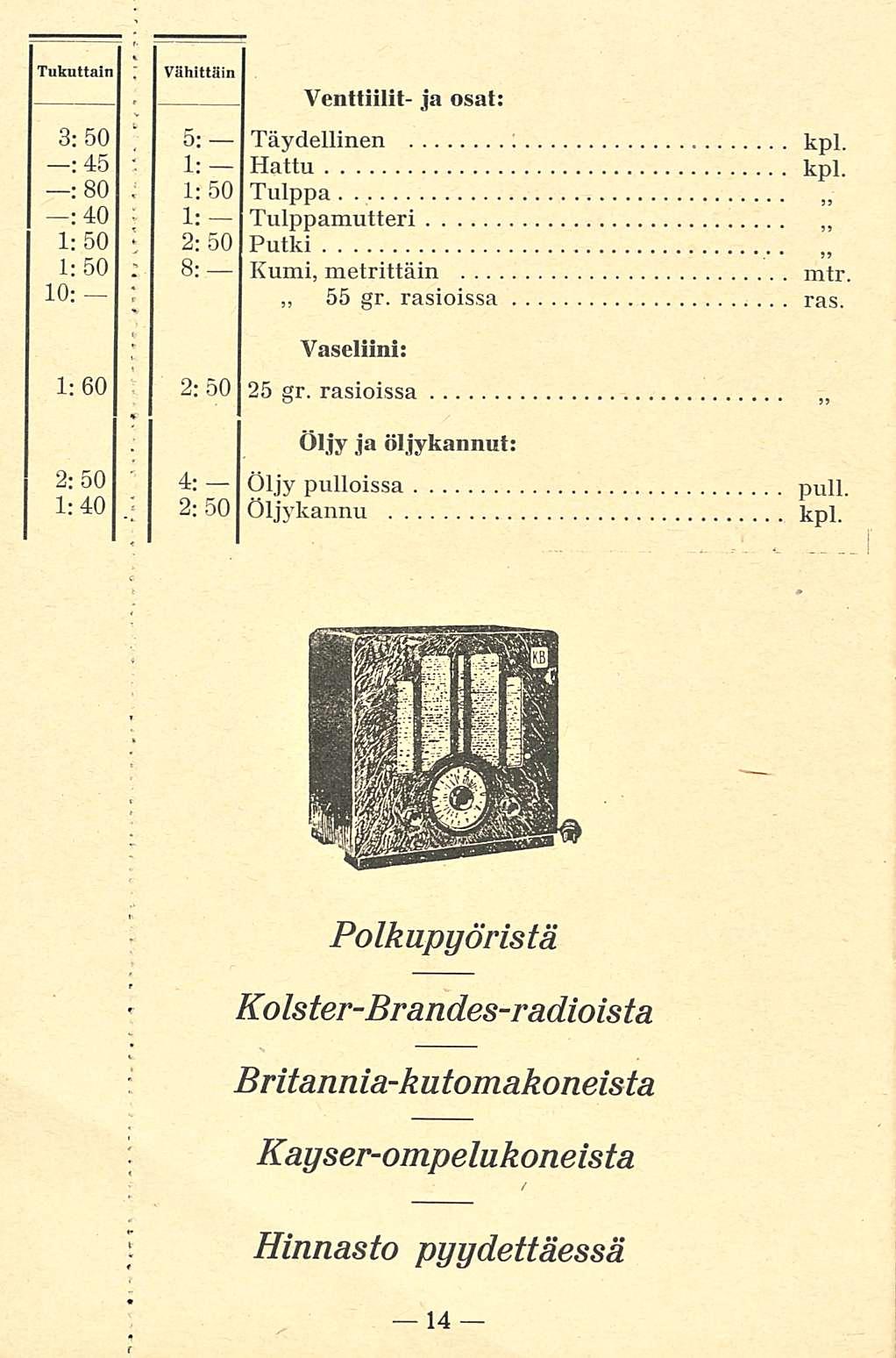 1: 1; Venttiilit- Ja osat: 3: 50 5; Täydellinen ; kpl. Hattu kpl. 50 Tulppa. : 45 : 80, : 40 1; Tulppamutteri 1:50 l 2:50 Putki 1: 50 : 8: Kumi, metrittäni mtr 10: 55 gr. rasioissa ras.