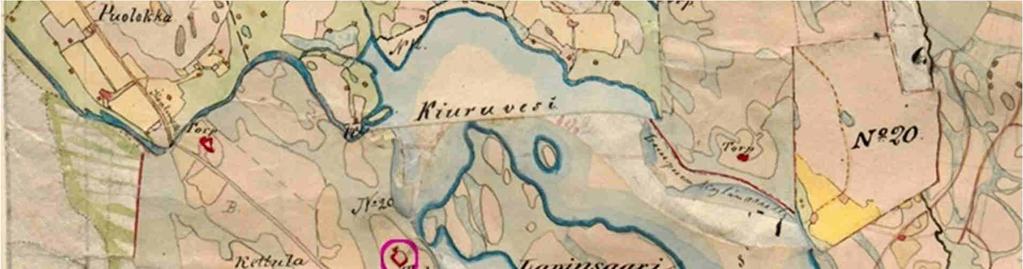 Kuva 47: Ote pitäjänkartasta v. 1847. Päälle on ympyröity v. 1779 kartassa olevat talot.