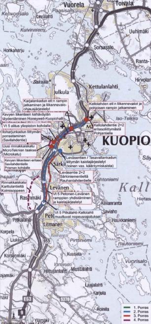 valtatien ja keskussairaalan välillä. Vuoden 2030 jälkeen maankäyttösuunnitelmissa esitetään varauduttavan moottoritien lisäkaistoihin (3+3) Petosen ja Päivärinnan välillä.