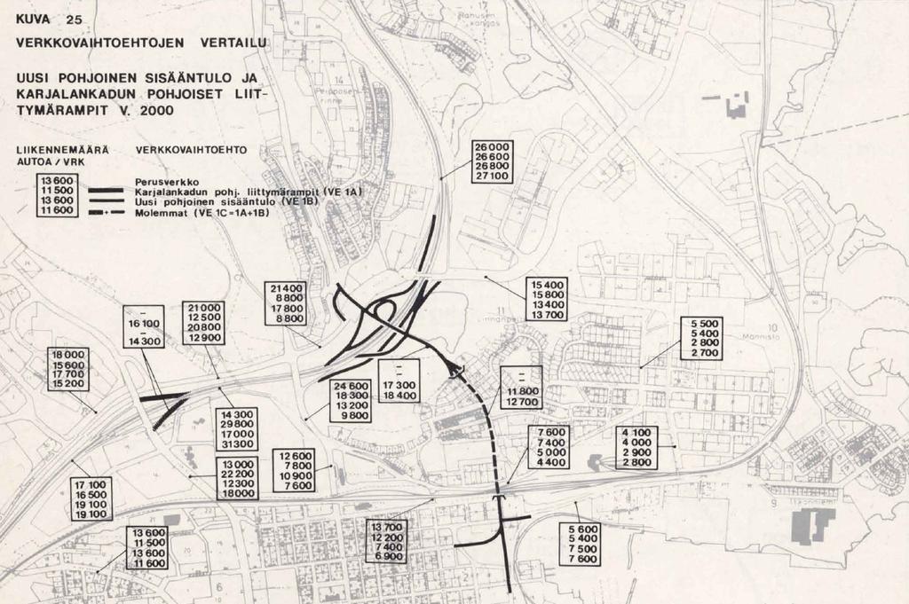 Koillisväylän linjaus kulki tässä suunnitelmassa Maljalammen eteläpuolitse Linnapellon alueen ja radan ali vievän tunnelin kautta Satamakadulle.