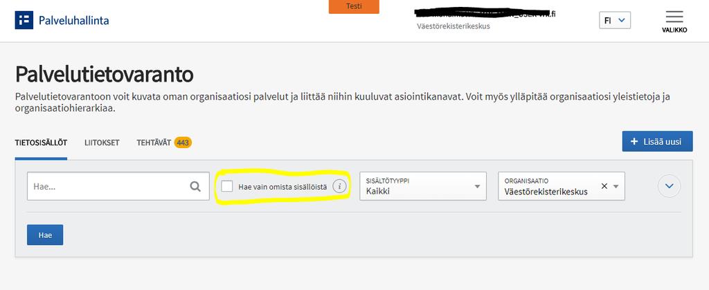 OHJE 8 (88) 12.10.2018 Järjestelmäpääkäyttäjien tehtäviä hoitavat Suomi.fi-verkkotoimituksen henkilöt Väestörekisterikeskuksessa. 1.2.2 Palveluhallinnan käyttäjäroolit 2 Hakunäkymä Palveluhallinta-sivustolla on myös käytössä käyttäjärooleja, joilla tarkoitetaan eri asiaa kuin Palvelutietovarannon käyttäjärooleilla.
