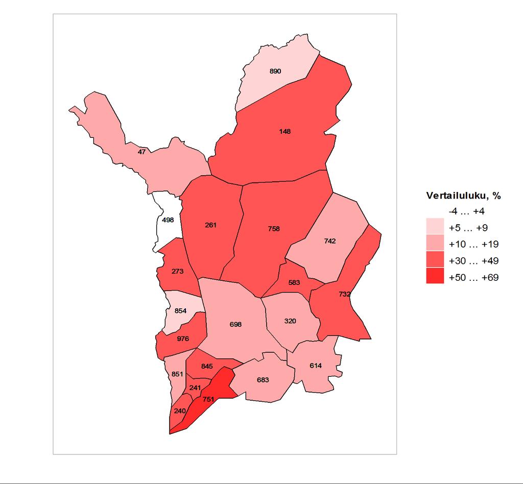 Kartta 1. Vertailutieto koko maan tilanteeseen nähden vammojen ja myrkytysten aiheuttamien hoitojaksojen osalta alueen kunnissa vuosina 2008-2012.