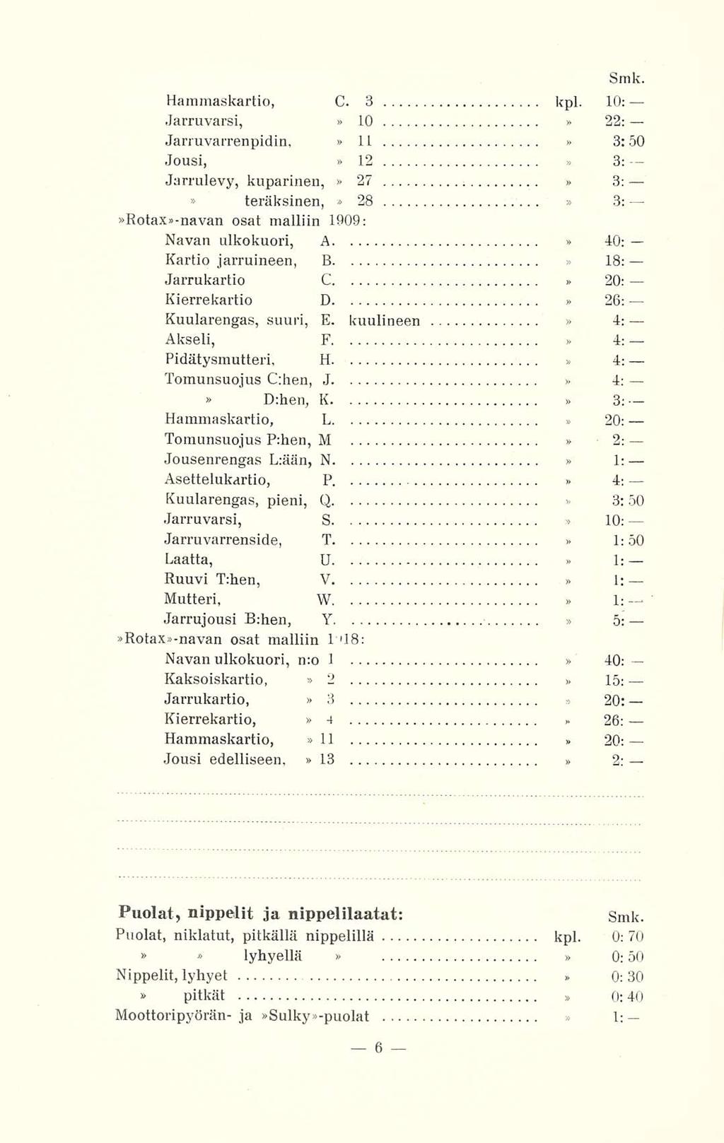 20; 20: Hammaskartio, C. 3 kpl. 10: Jarruvarsi, 10 22: Jarruvarrenpidin, 11 3:50 Jousi, 12 3: Jarrulevy, kuparinen, 27 ;.