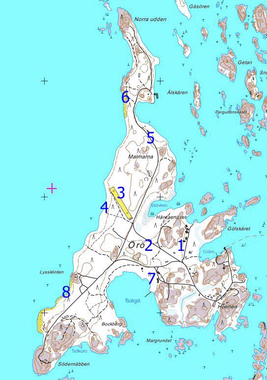 Kartta 2. Örön nivelkärsäiskartoitusten kohteet. 1.) Paritalojen kedot 2.) Helikopterikenttä 3.