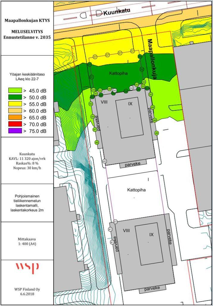 23 (26) Kuva: Yömelutaso vuoden 2035 ennustetilanteessa (6/208) WSP meluselvitys Ilmanlaadun osalta suunnittelussa on tarkasteltu HSY:n minimi- ja suositusetäisyyksiä asumiselle.