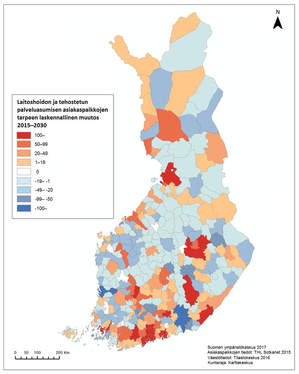 Vertailu: Vuoden 2015 asiakaspaikkojen määrä suhteessa vuoden 2030 tarpeeseen