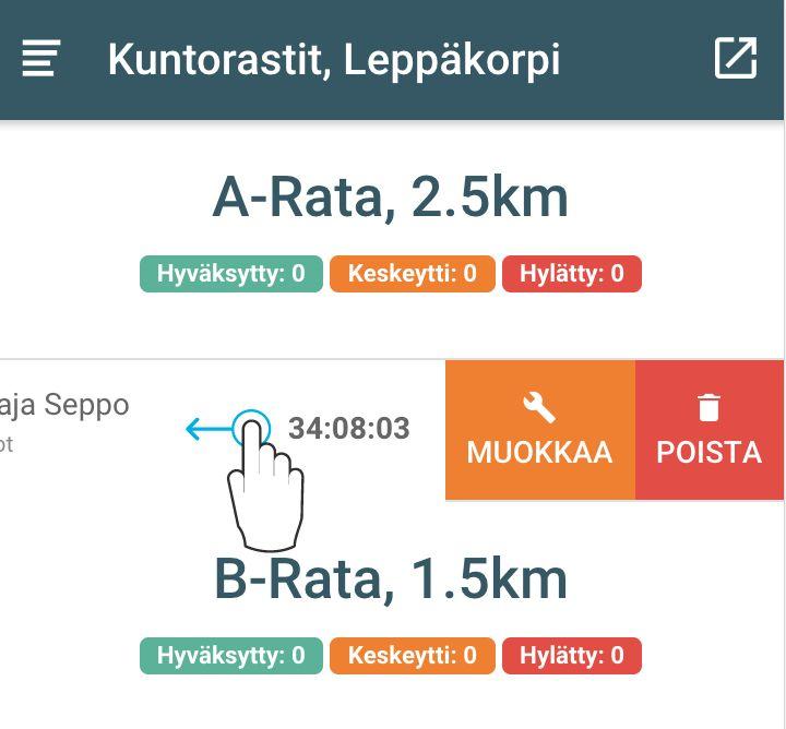 Tulokset Tapahtuman tulokset löytyvät tapahtumalistalta kun vetää sormella valittua tapahtumaa oikealta vasemmalle ja painaa tulokset -nappulaa.