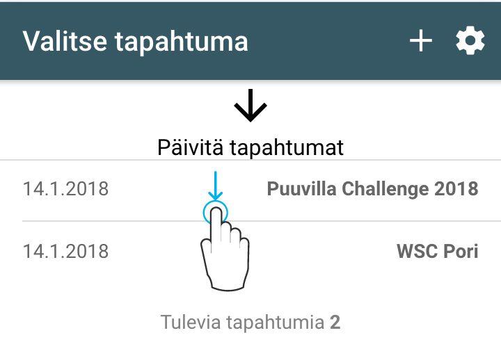 Rastilipun tapahtumat tunnistat listalla Rastilipun kuvakkeesta. Tapahtuman voi valita tulospalvelutilaan koskettamalla tapahtumaa tapahtumalistalla.